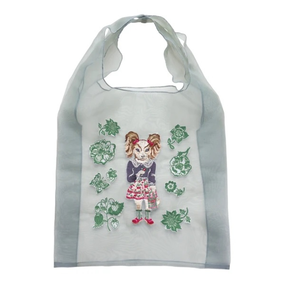 Last*** Nathalie Lete organdy fabric sheer bag! Embroidery grey w/ dog pigtails!